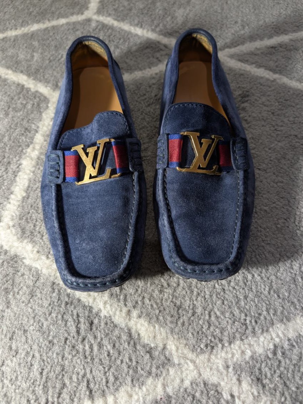 Louis Vuitton Blue Suede Loafers with Gold LV Buckle and Red-Blue Webbing